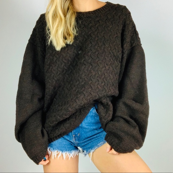 Vintage Oversized Slouchy Crewneck Wool Chocolate Brown Sweater Size Large - Picture 5 of 6